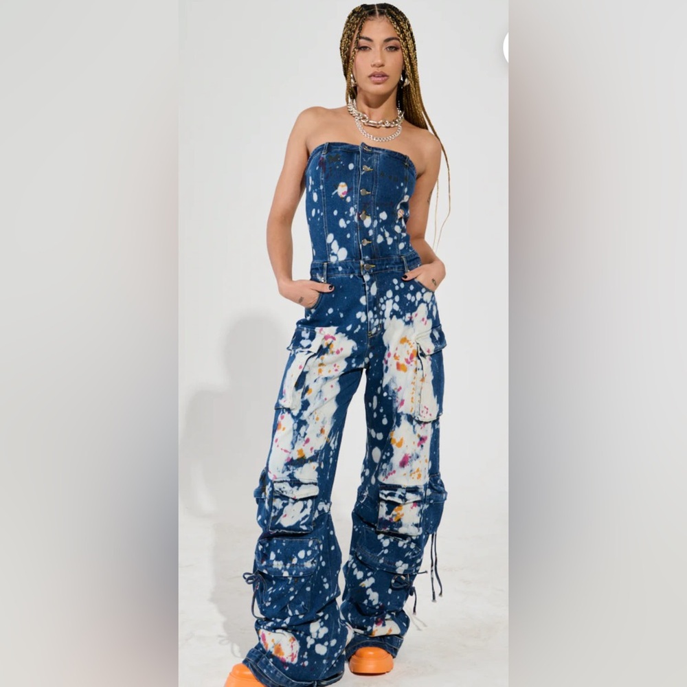 NWT: Akira Lauryn Strapless Cargo Splattered Denim Jumpsuit
